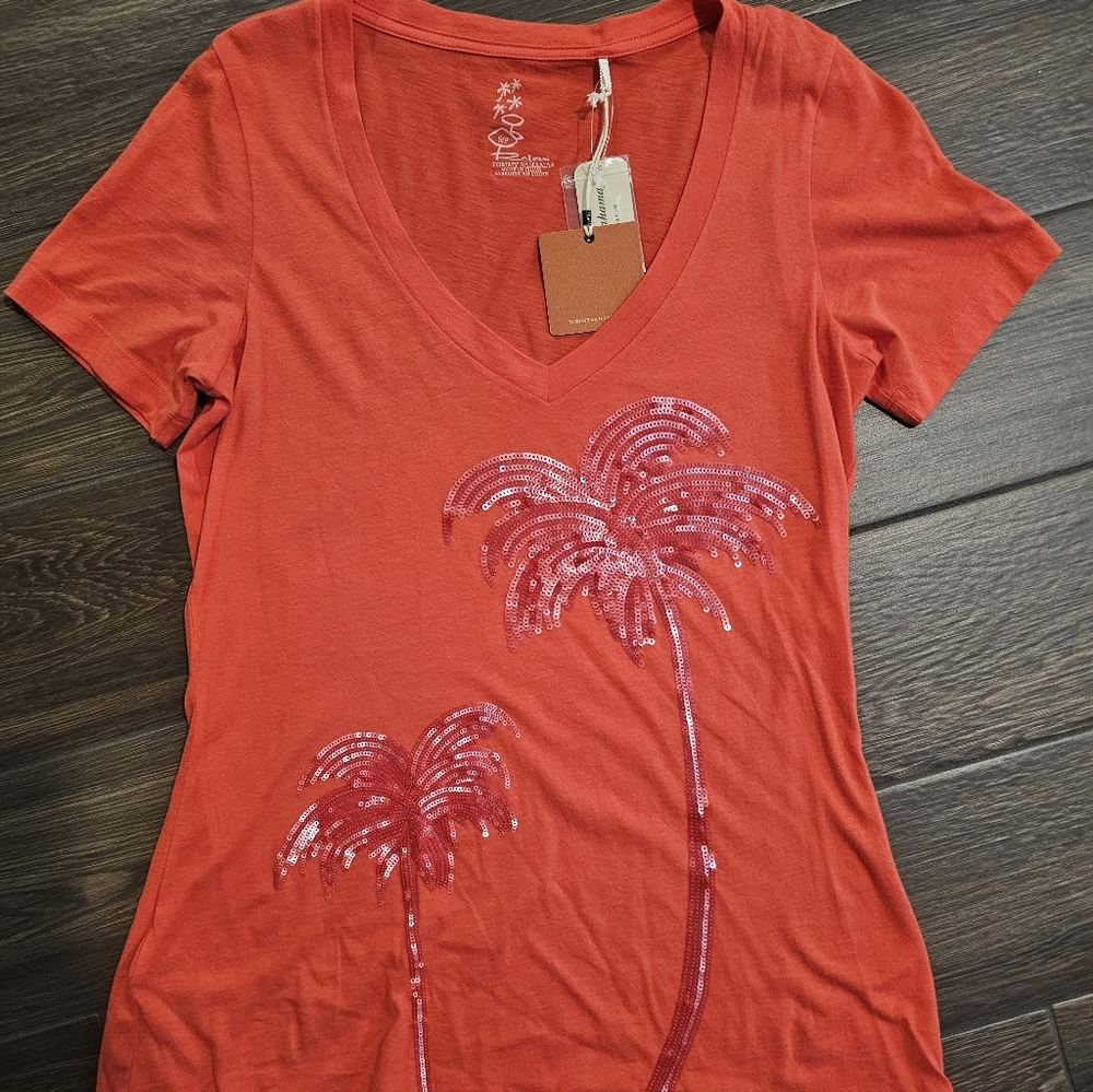 Tommy Bahama orange Short Sleeve V-Neck Palm Sequin Tee size S